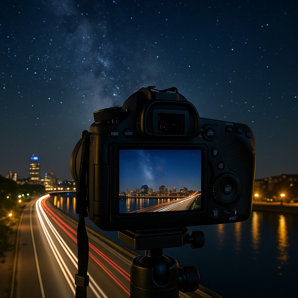 Aparat na statywie fotografujący nocne miasto z widoczną Drogą Mleczną.