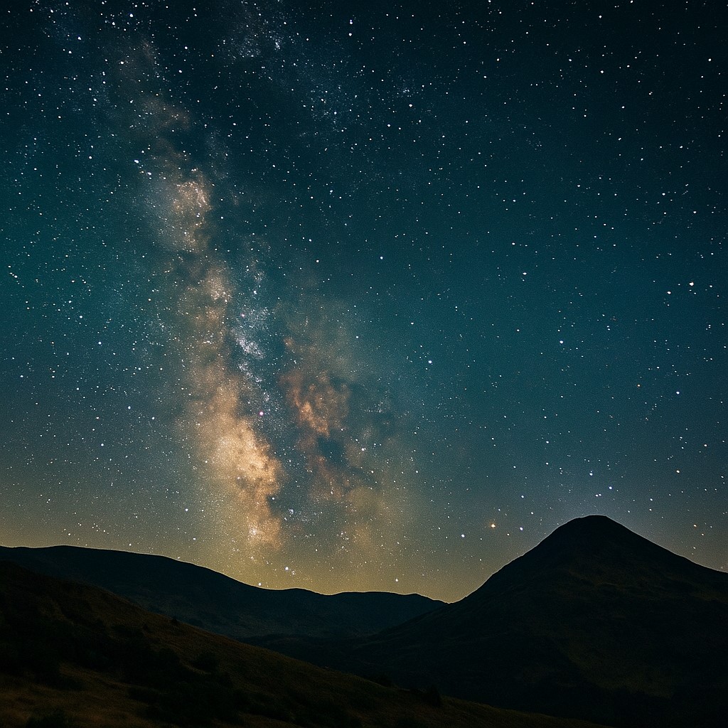 Fotografia Drogi Mlecznej na nocnym niebie nad górskim krajobrazem.