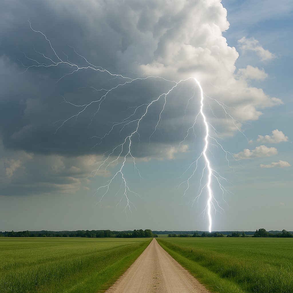 Błyskawica nad polami w ciągu dnia