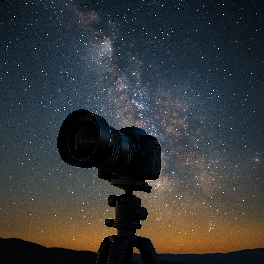 Aparat na statywie skierowany w stronę nocnego nieba z widoczną Drogą Mleczną.