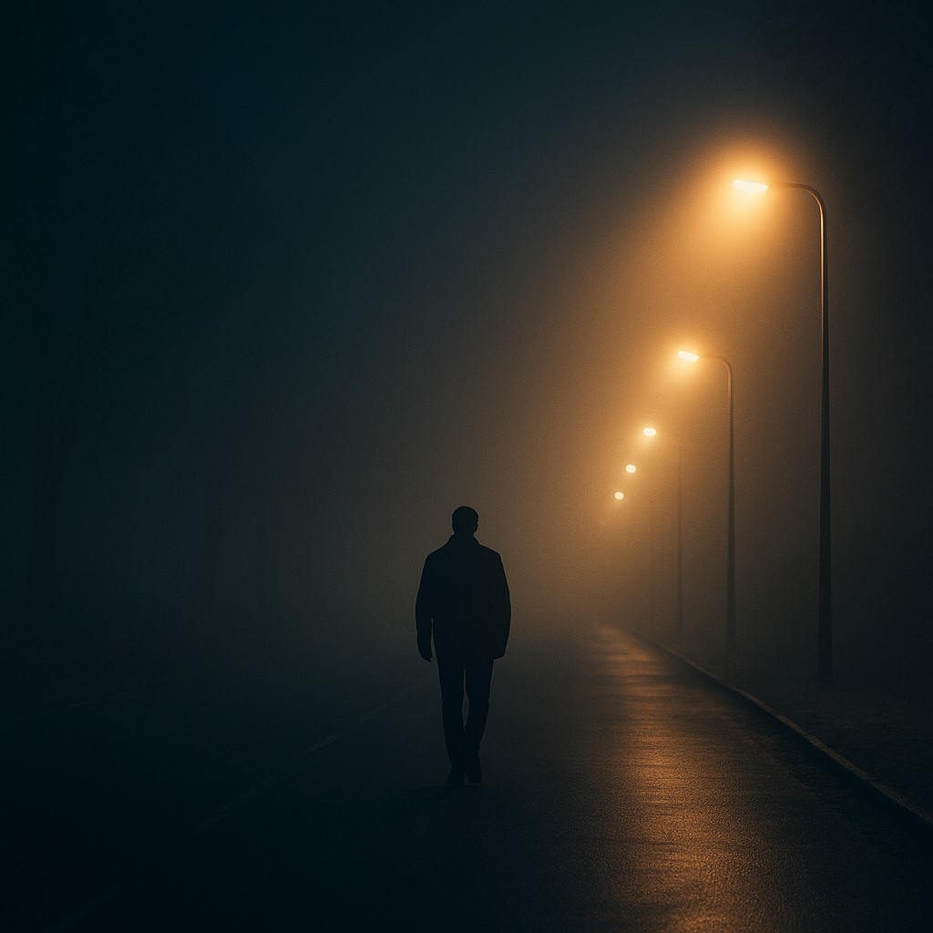 Sylwetka samotnej osoby idącej nocą we mgle wzdłuż oświetlonej ulicy.