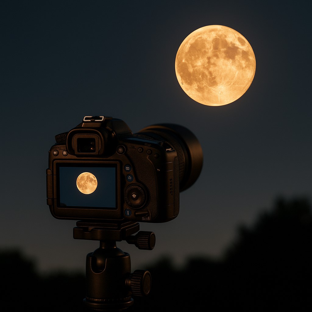 Aparat na statywie fotografujący Księżyc na nocnym niebie.